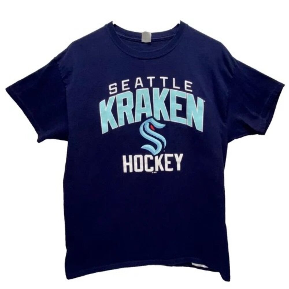 Seattle Kraken T-Shirt Men's Large Navy‎ Blue Hanes Cotton Blend NHL Hockey Tee